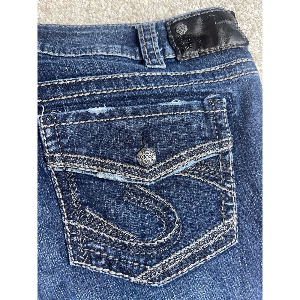 Silver SUKI Mid Rise Slim Bootcut Jeans Flap Pockets Thick‎ Stitch Womens 33x33